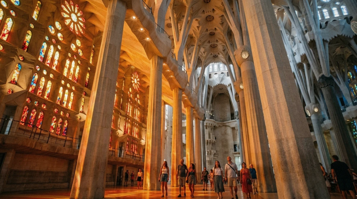 Warm orange and red light from the western windows on the stone columns, the best time to visit Sagrada Familia for evening colour