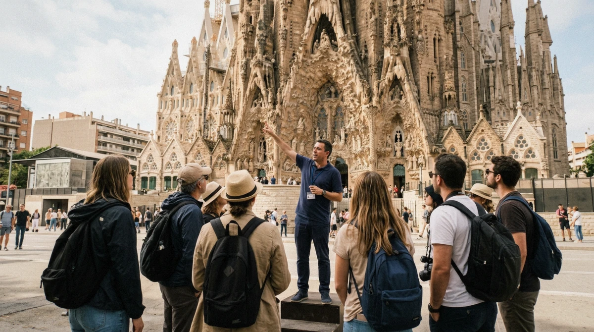 A guide explaining the carved Nativity facade to a small group, the moment that decides whether a Sagrada Familia guided tour is worth it