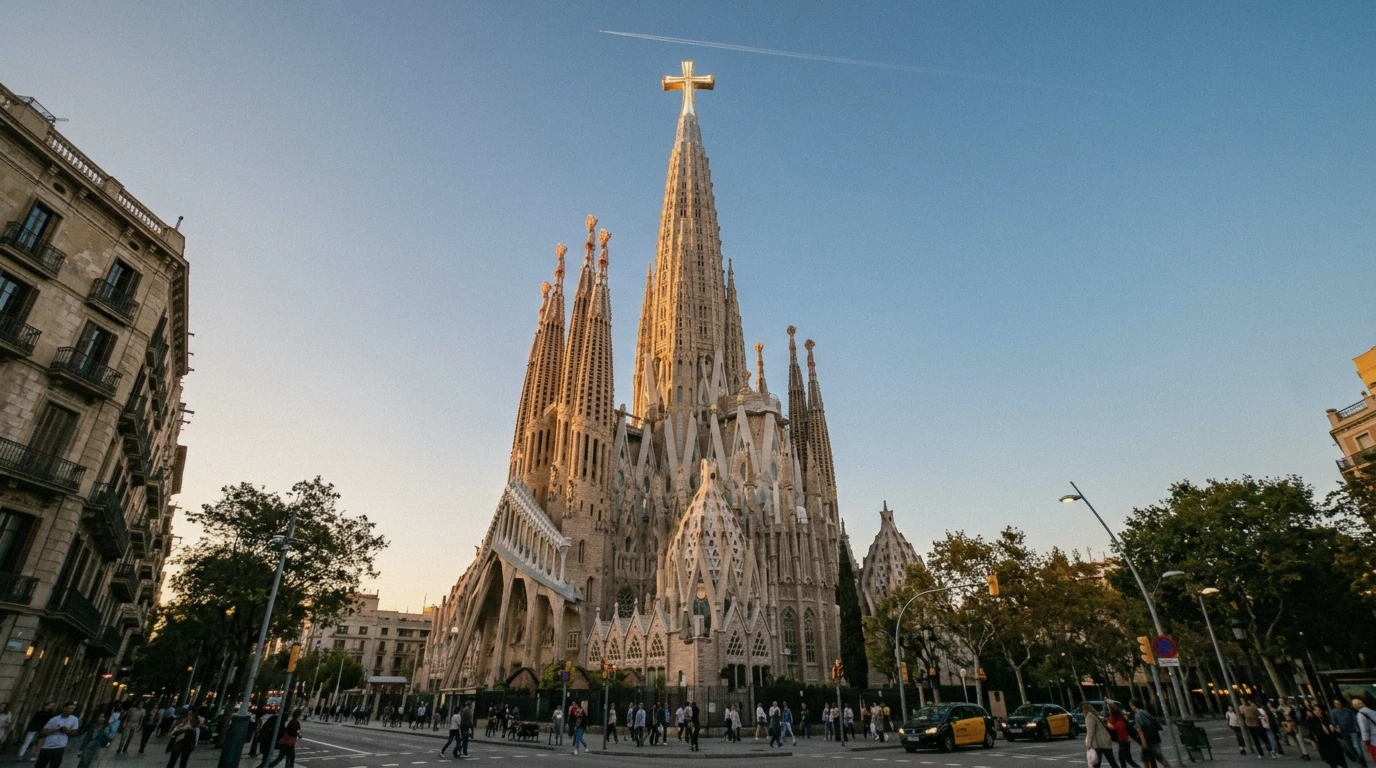 The completed Tower of Jesus Christ with its 17-metre cross above the Sagrada Familia in Barcelona, finished in February 2026