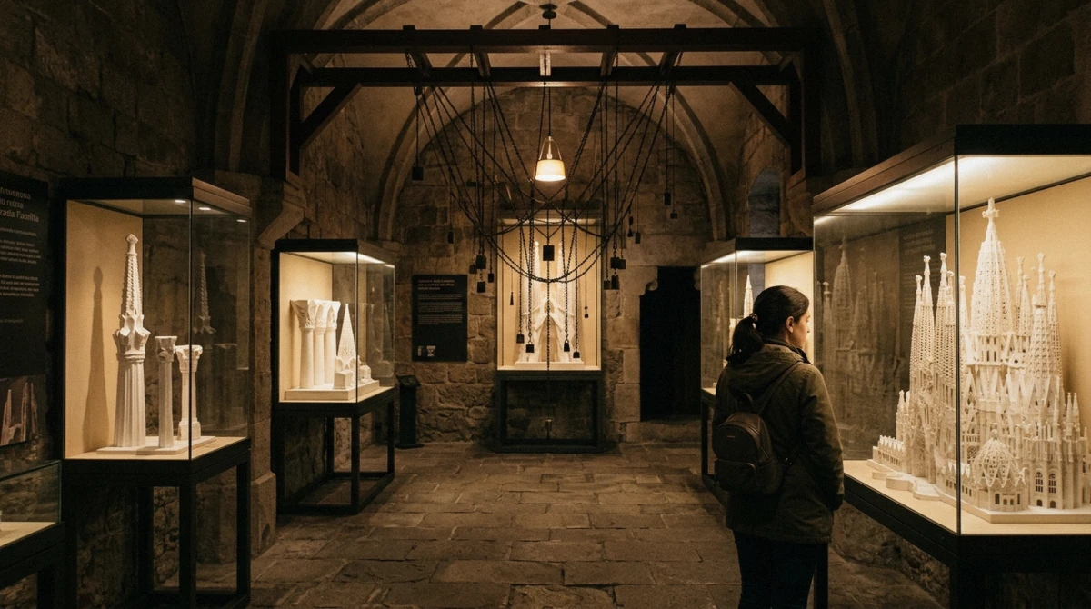 Plaster models and the hanging chain model in the basilica museum, one of the stops on a Sagrada Familia guided tour