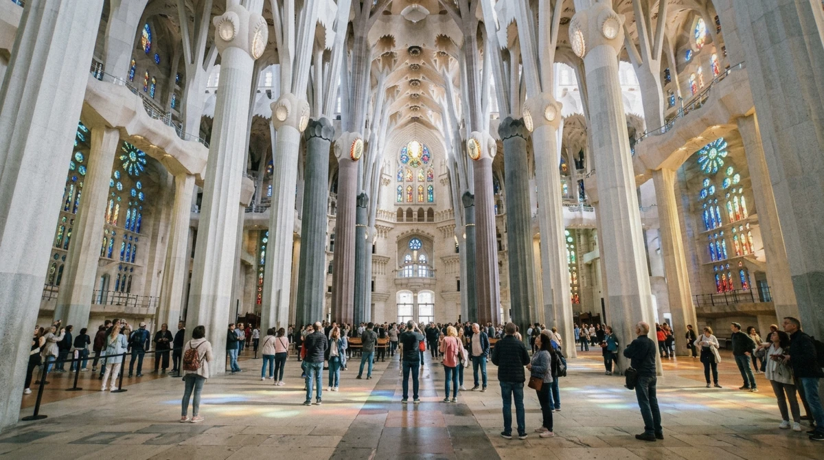Visitors standing under the branching columns of the nave, working out how long you need at Sagrada Familia