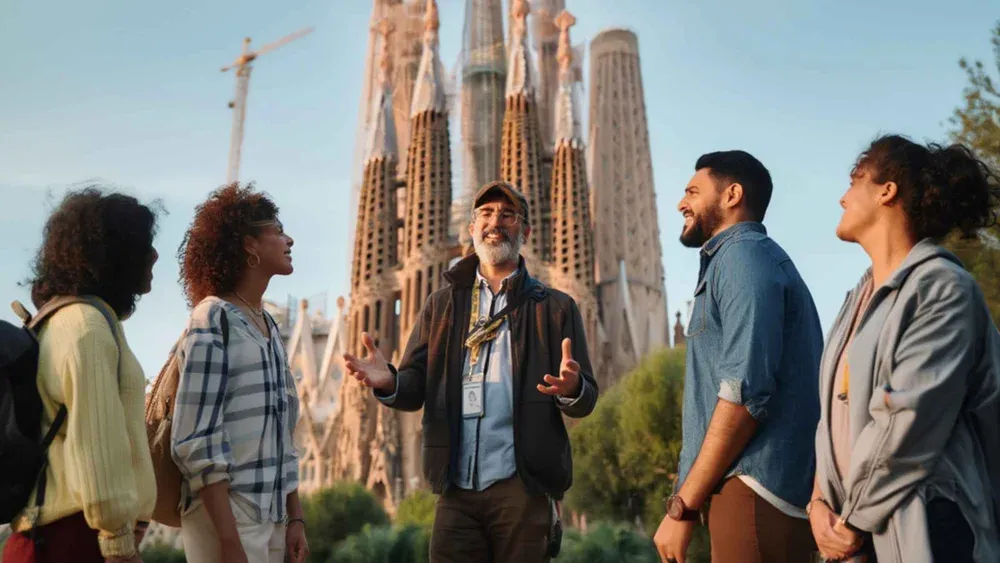 Warm afternoon light from the western windows on the stone columns during a la sagrada familia tour